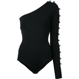 David Koma Black Studded One Shoulder Bodysuit Sz XSmall