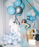 Designer Custom Blue Feather & Sequin Dress Gown Sz Med
