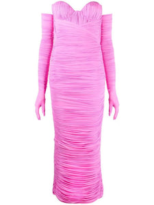 Alex Perry Pink Ruched Gown Dress W/ Gloves Sz 4