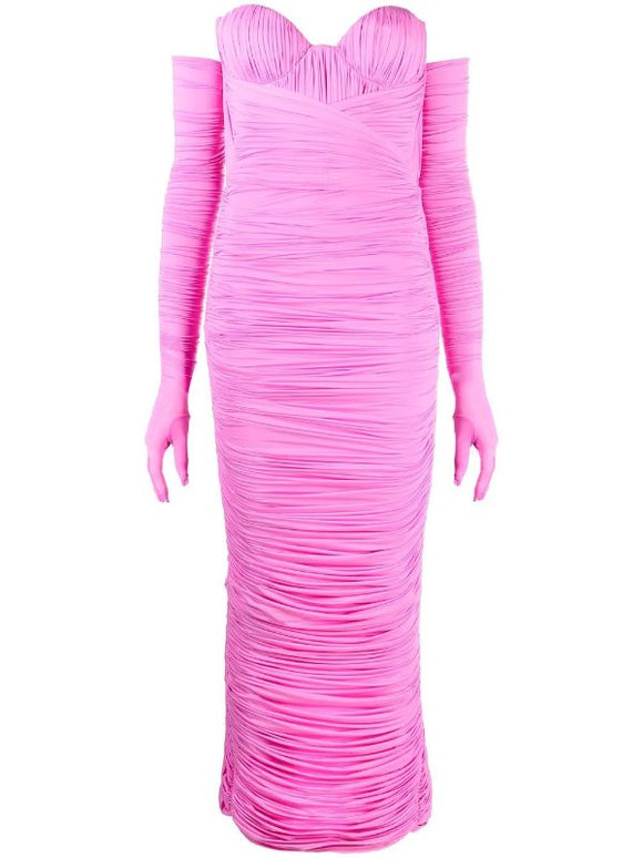 Alex Perry Pink Ruched Gown Dress W/ Gloves Sz 4