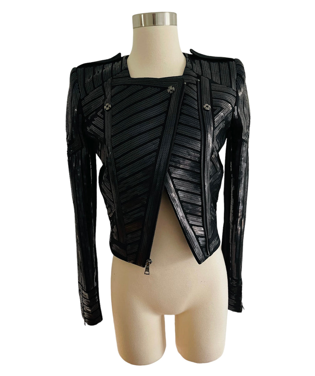 BCBG Max Azria Black Sequin Moto Jacket Sz XS Wopsters Closet