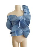 Johanna Ortiz Blue  Striped Ruffle Top Sz 2