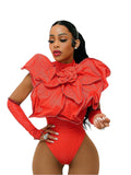 Designer Custom Red Flower Bodysuit w/ Gloves Sz XS