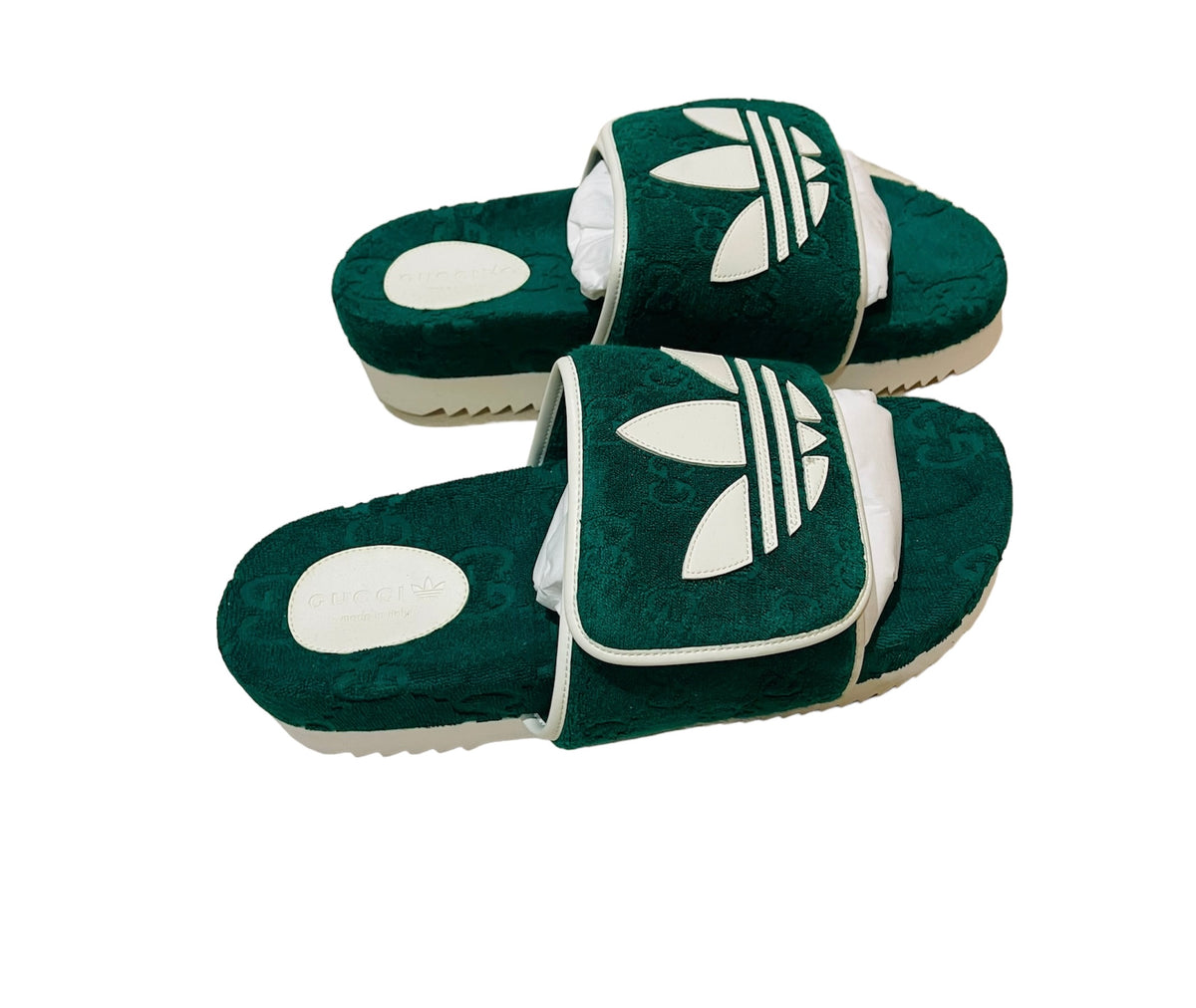 GUCCI MENS SHOES ADIDAS X GG GREEN COTTON SPONGE PLATFORM SANDAL SLIDE sz 9 9.5 Adidas x Gucci GG Platform Slides Sandals Green Terry Cloth  main image 2