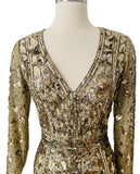 Designer Gold Sequin Beaded Dress Gown Sz Small