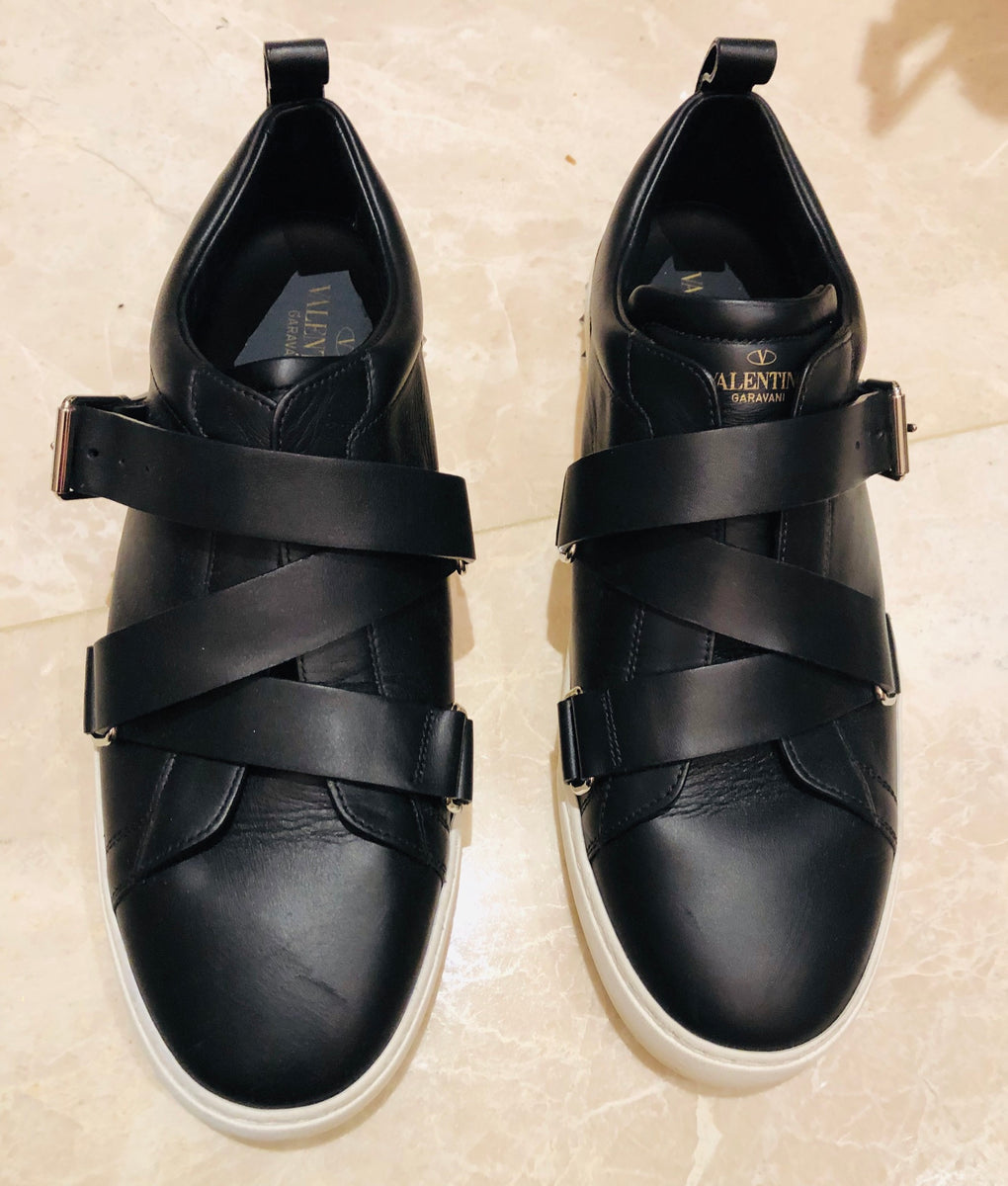 Valentino V Punk Black Leather Strap Sneakers Sz 45