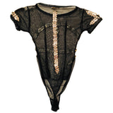 Amen Rhinestone & Metal Black Mesh Bodysuit Sz XSmall