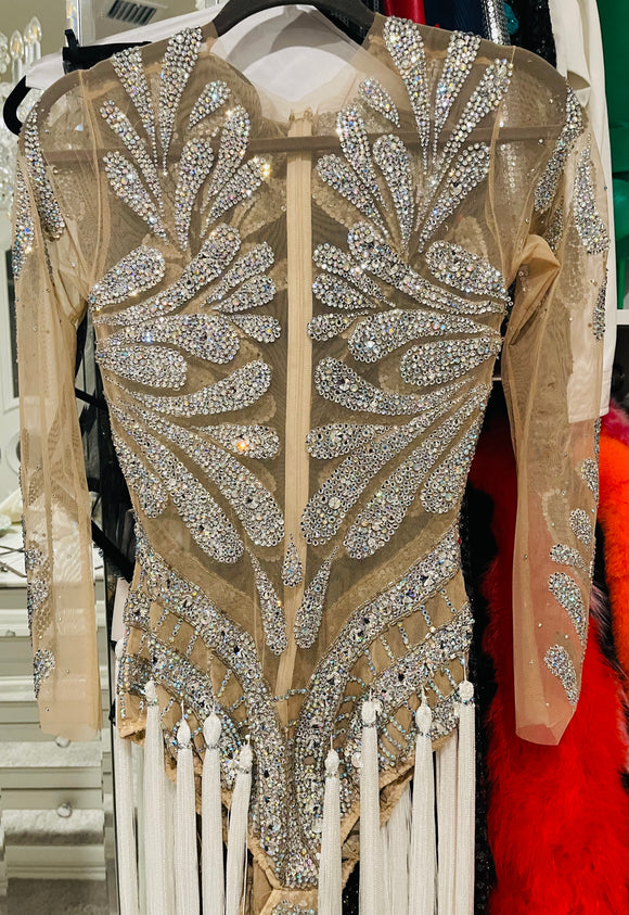 Charbel Zoe Nude Crystal Custom Couture Fringe Bodysuit Sz Sm