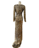 Designer Gold Sequin Beaded Dress Gown Sz Small