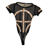 Amen Rhinestone & Metal Black Mesh Bodysuit Sz XSmall