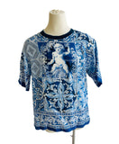 Dolce & Gabbana Linen Blue Majolica Print Shirt Sz 54