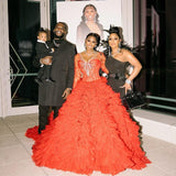 Custom Designer Red Lace Crystal Ruffle Gown Dress Sz Med