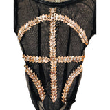 Amen Rhinestone & Metal Black Mesh Bodysuit Sz XSmall