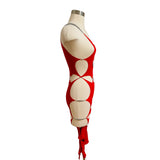 Designer Red Cutout Beaded Catsuit Bodysuit