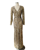 Designer Gold Sequin Beaded Dress Gown Sz Small