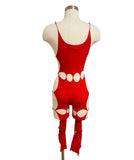 Designer Red Cutout Beaded Catsuit Bodysuit