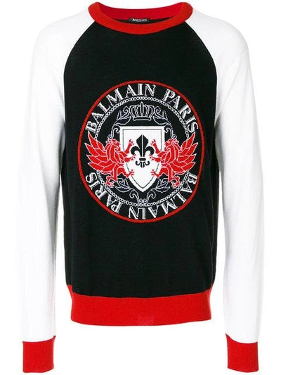 Balmain Black & Red Logo Motif Sweater Sz XL