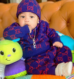 Gucci Blue Red Logo Sweater / Jogger Wool Set Sz 6/9 Months