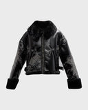 DES PHEMMES Black Faux Patent Leather & Fur Rhinestone Jacket