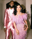 Pamella Roland Pink Feather Sequin Gown Dress Sz XS