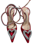 Mach & Mach Crystal Heart Satin Red Pumps Sz 38.5