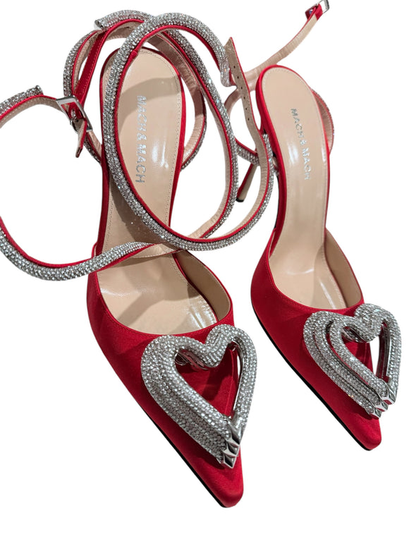 Mach & Mach Crystal Heart Satin Red Pumps Sz 38.5