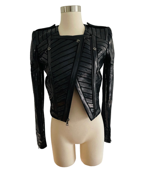 BCBG Max Azria Black Sequin Moto Jacket Sz XS Wopsters Closet