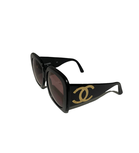 Chanel Vintage Black Oversized Gold Logo Sunglasses