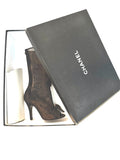 Chanel Vintage Black Mesh Logo Bow Peep Toe Boots Sz 38.5