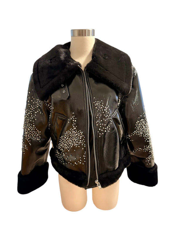 DES PHEMMES Black Faux Patent Leather & Fur Rhinestone Jacket