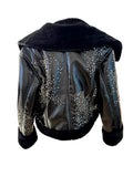 DES PHEMMES Black Faux Patent Leather & Fur Rhinestone Jacket