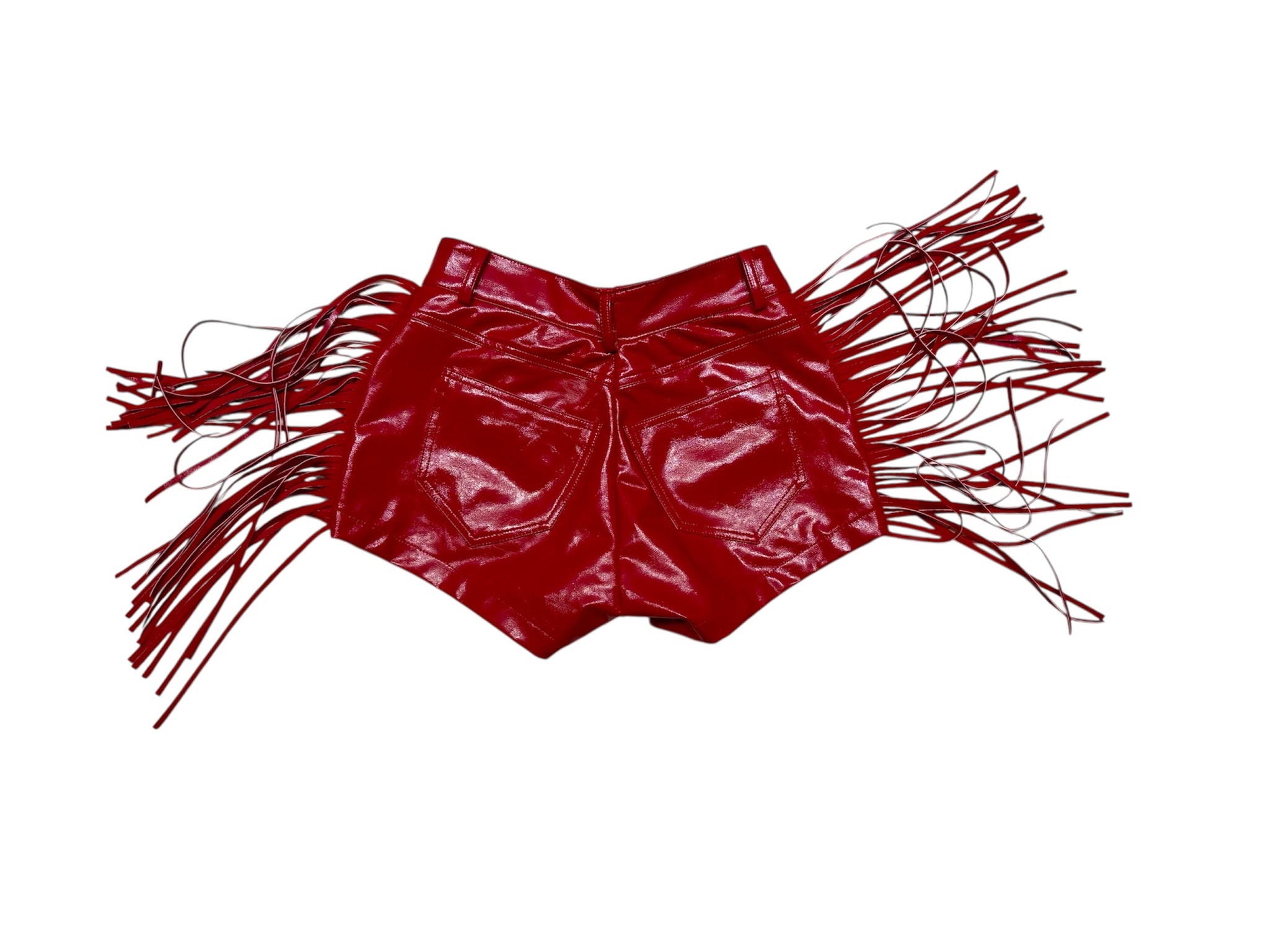 Norma Kamali Red Fringe Faux Leather Shorts Sz XS – Wopsters Closet