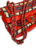Chanel Red/Navy Quilted Chain Print Silk Bag Purse BRAND NEW