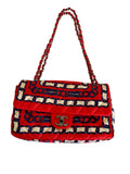 Chanel Red/Navy Quilted Chain Print Silk Bag Purse BRAND NEW
