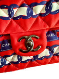 Chanel Red/Navy Quilted Chain Print Silk Bag Purse BRAND NEW