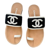 Chanel Raffia Black /White CC Logo Toe Ring Sandals Sz 38