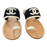 Chanel Raffia Black /White CC Logo Toe Ring Sandals Sz 38