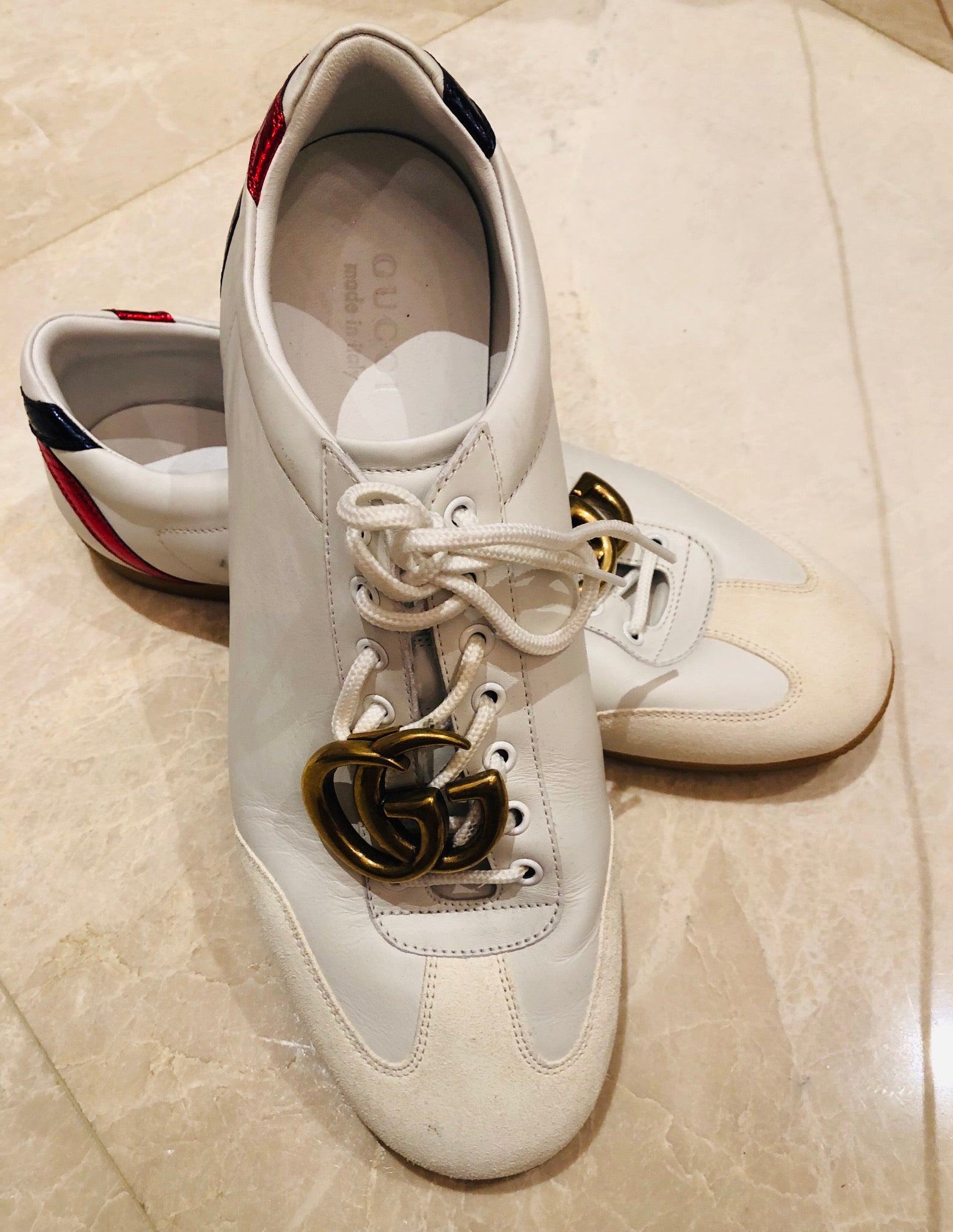 Gucci Metal GG logo White Leather Sneakers Sz 12 – Wopsters