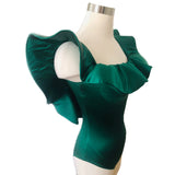 Designer Green Satin Ruffle Bodysuit Sz Sm