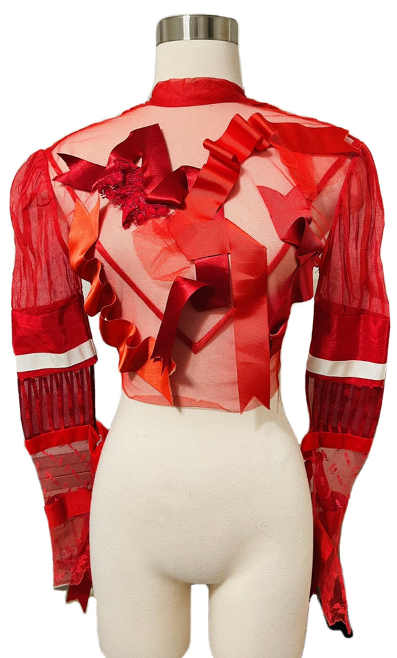 Designer Red Sheer Ribbon Crop Shirt Sz XS