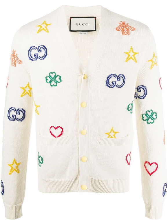 Gucci Symbols Jacquard Cardigan Sweater Sz XL