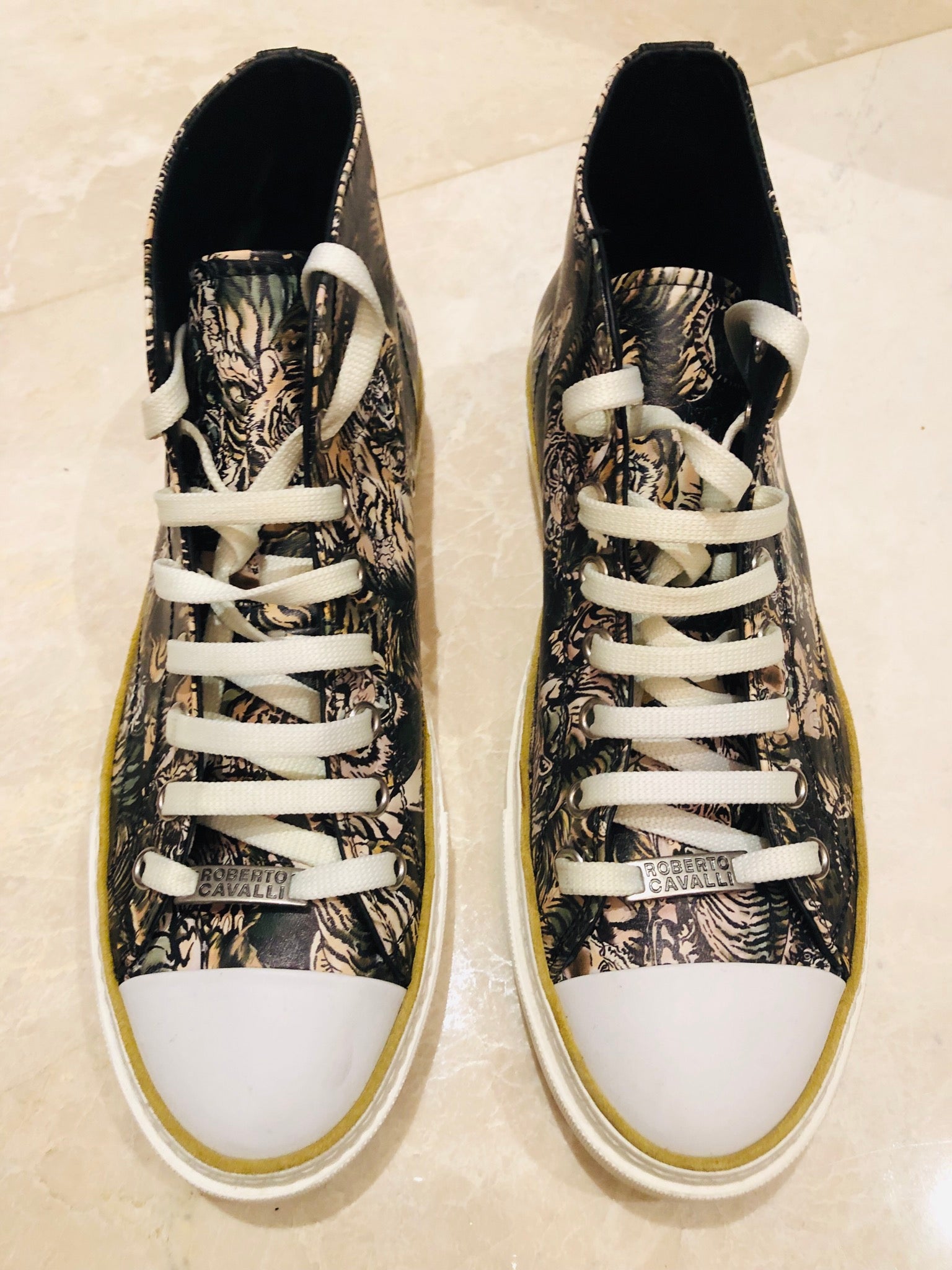 Roberto Cavalli Tiger Print High Top Sneakers Sz 44 – Wopsters Closet