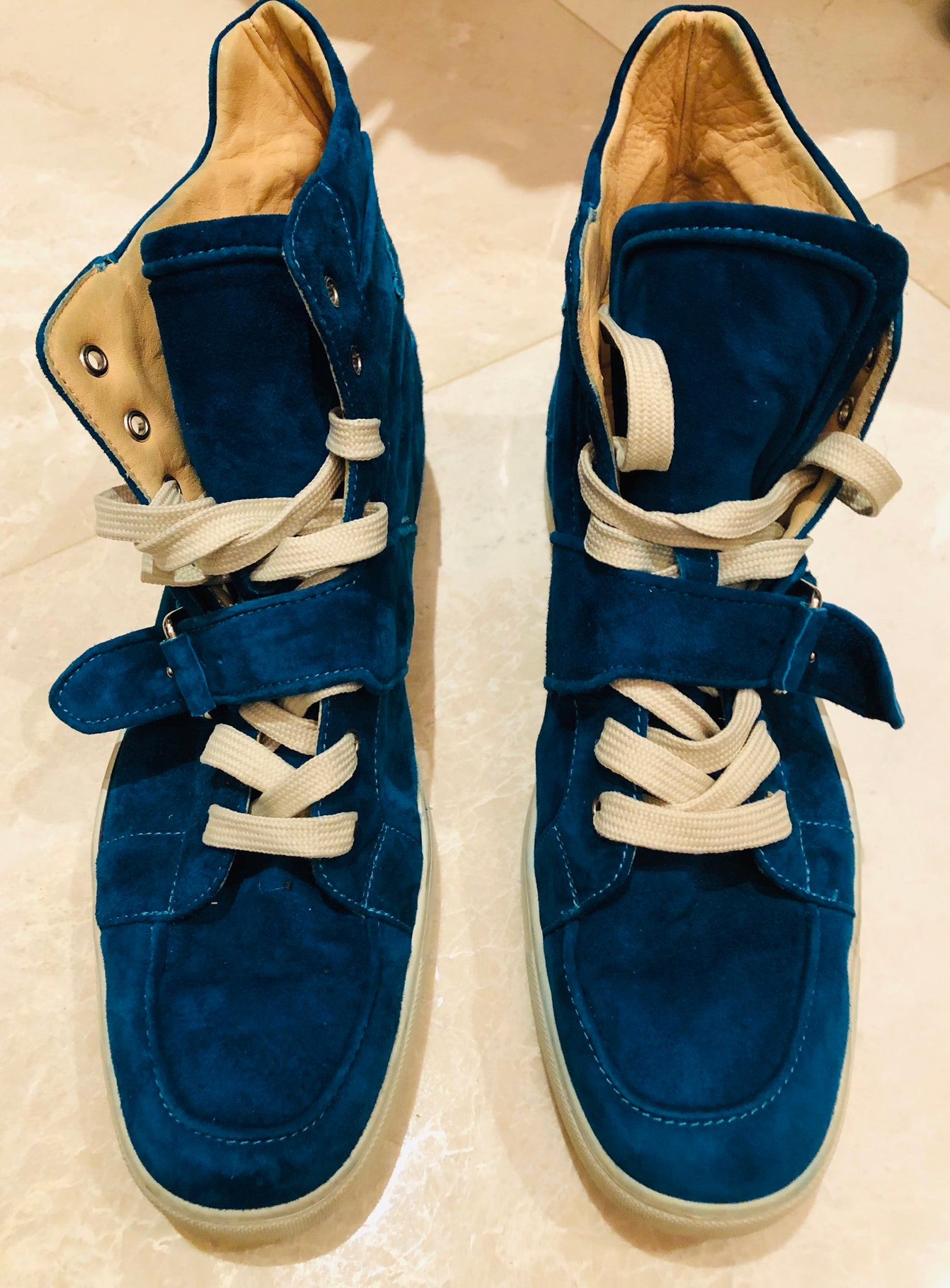 Christian Louboutin Blue Suede Buckle Sneakers Sz 45.5 Wopsters Closet