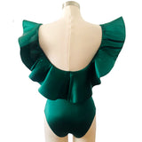 Designer Green Satin Ruffle Bodysuit Sz Sm