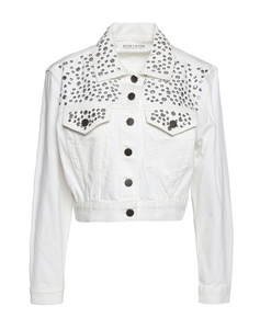 Alice & Olivia White Denim Crop Crystal Embellished Jacket Sz XS