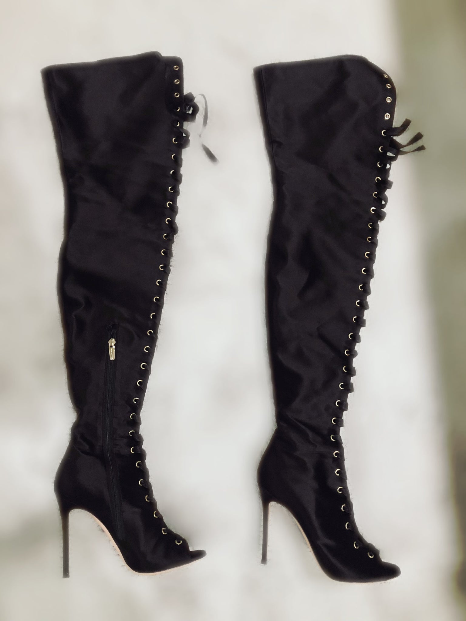 GIANVITO ROSSI Marie Black Lace-up Satin Thigh-High Stiletto Boots 