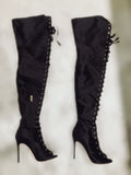 GIANVITO ROSSI Marie Black Lace-up Satin Thigh-High Stiletto Boots Sz 39