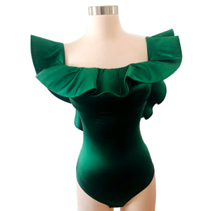 Designer Green Satin Ruffle Bodysuit Sz Sm