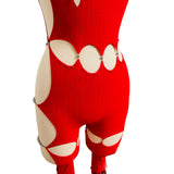 Designer Red Cutout Beaded Catsuit Bodysuit