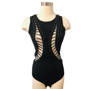 Designer Lattice Black Bodysuit Sz Sm